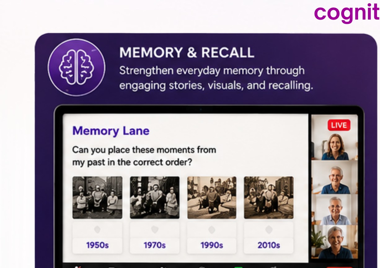 Memory Lane activity screen, showing photos to sequence in chronological order during a live session.