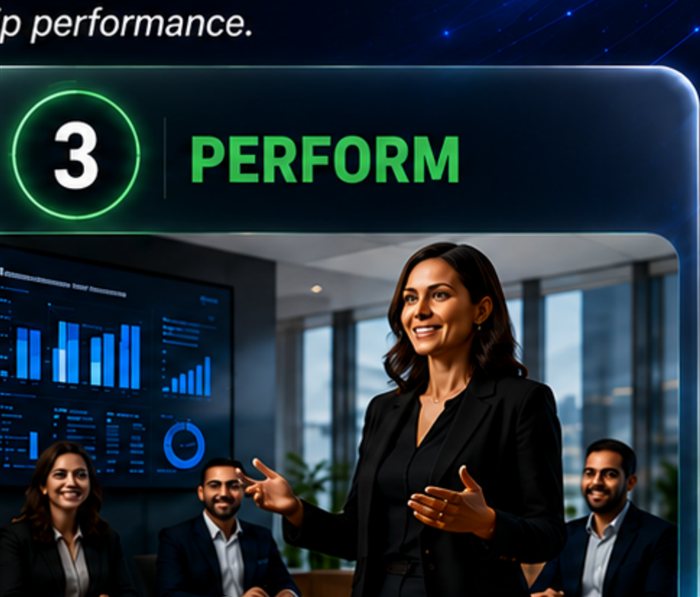 A confident leader presents to her team, applying sharper strategic thinking.