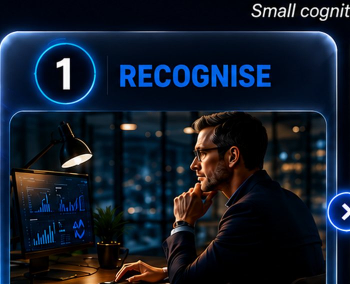 An executive reviews cognitive pattern data at a desk with dual monitors.
