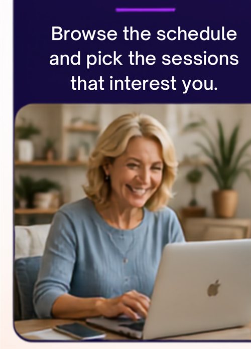 A woman browses the Valia Live session schedule on her laptop.
