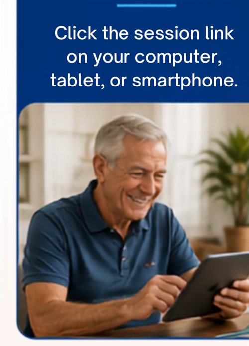 A man taps his tablet to join an Valia Live session.
