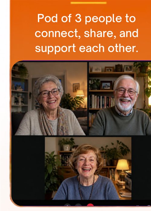 Three friends catch up in their 3-person connection pod.