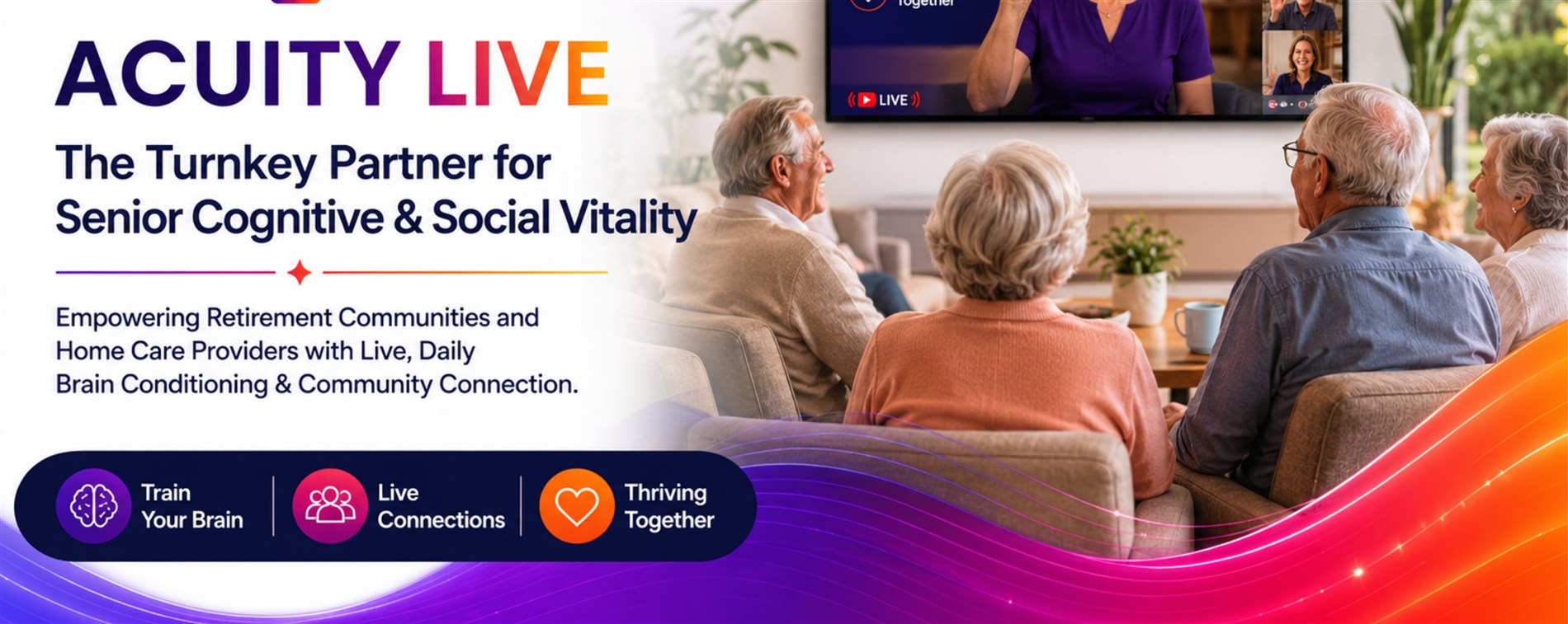Four residents sit together in a retirement community living room, watching a live Valia Live session on the wall screen.